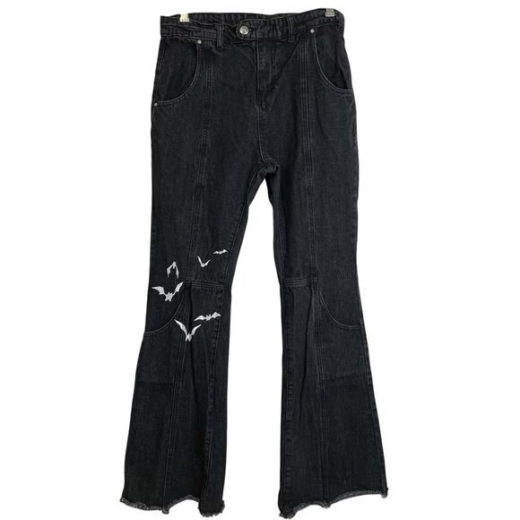 Ditch LA Jeans Womens Medium Black Flare Bat Print Distressed Denim Goth Y2K - Picture 1 of 10